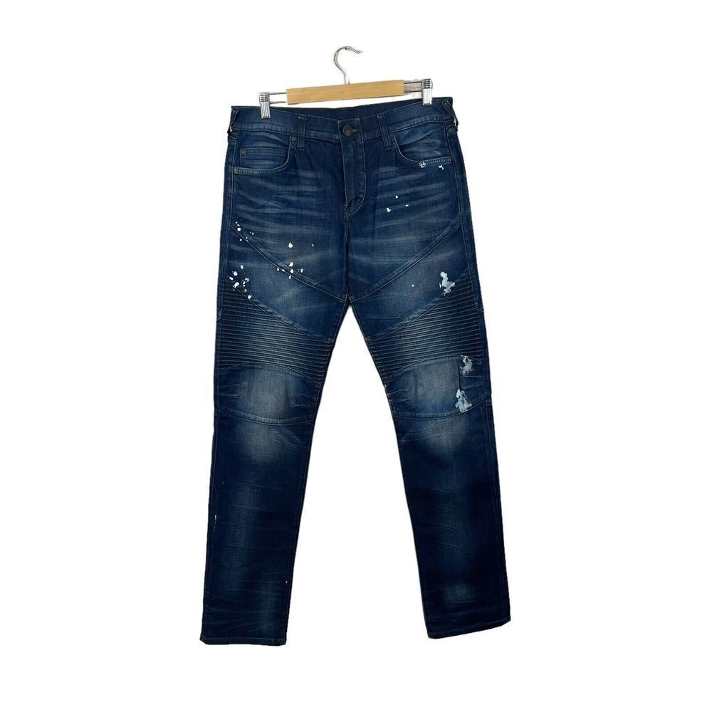 True Religion 32 Geno Relaxed Slim Jeans Blue Painted Distressed Mens